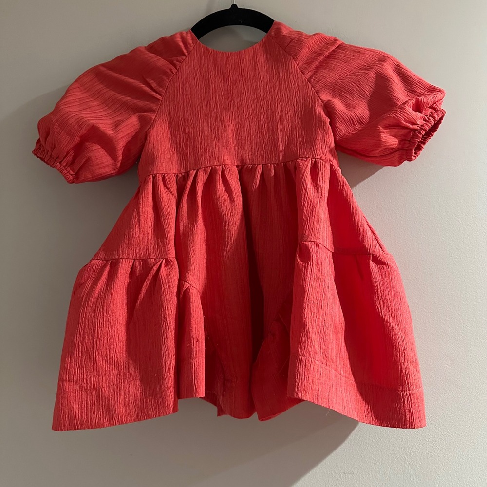 Teela‎ New York Tiered Dress Kids 2 Coral Pink Excellent Puff Sleeve Bow Back